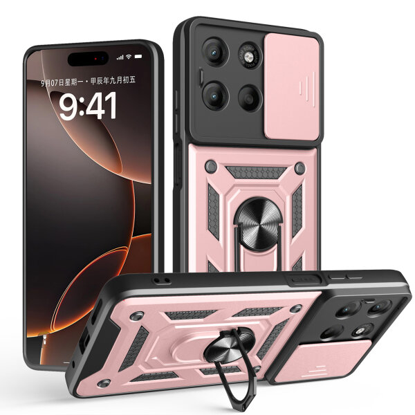 Outdoor Panzer Hülle für Motorola Moto G15 / G15 Power Handyhülle mit Kameraschutz Ringhalter in Rosegold