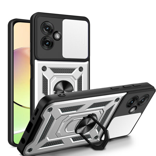 Outdoor Panzer Hülle für Motorola Moto G55 Handyhülle mit Kameraschutz Ringhalter in Silber