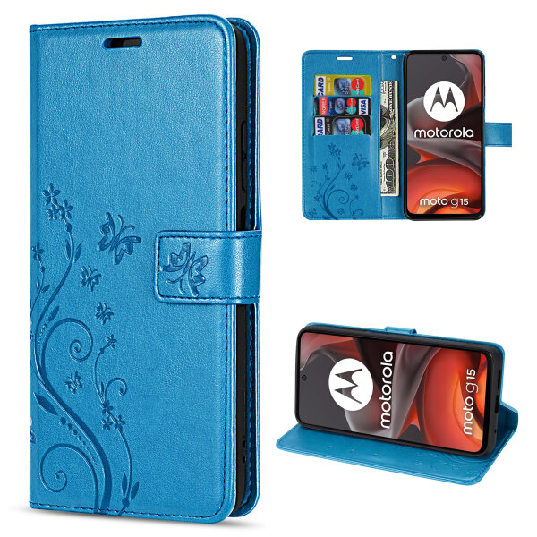 Hülle für Motorola Moto G15 / G15 Power Handyhülle mit [Standfunktion][Kartenfächern] in Blau