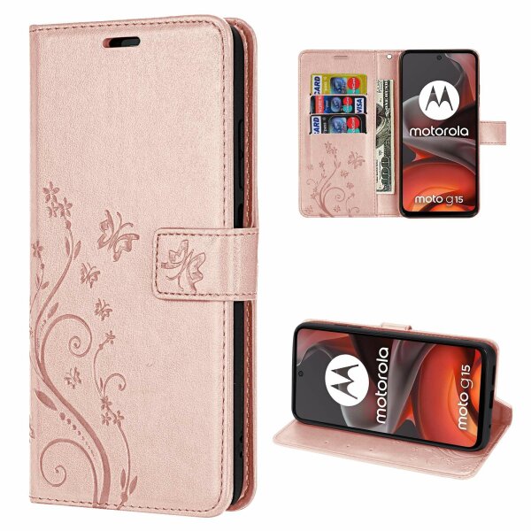 Hülle für Motorola Moto G15 / G15 Power Handyhülle mit [Standfunktion][Kartenfächern] in Rosegold