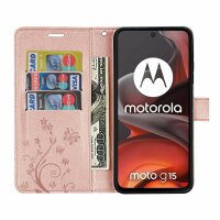 Hülle für Motorola Moto G15 / G15 Power Handyhülle mit [Standfunktion][Kartenfächern] in Rosegold