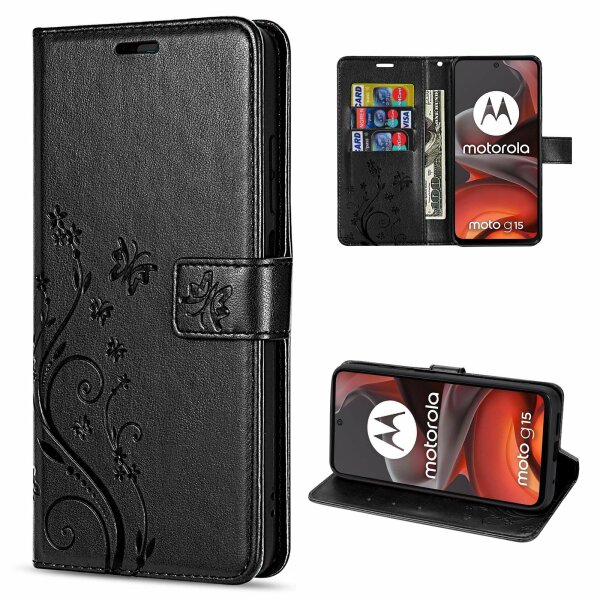 Hülle für Motorola Moto G15 / G15 Power Handyhülle mit [Standfunktion][Kartenfächern] in Schwarz