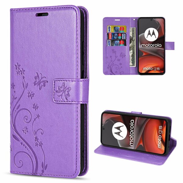Hülle für Motorola Moto G15 / G15 Power Handyhülle mit [Standfunktion][Kartenfächern] in Lila