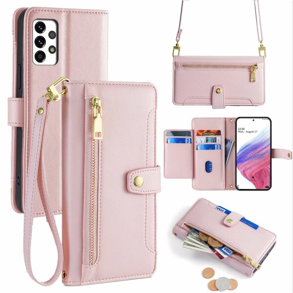 Handykette für Samsung Galaxy A53 Hülle mit Band Handyhülle Kartenfächer PU Leder Umhängetasche in Rosa