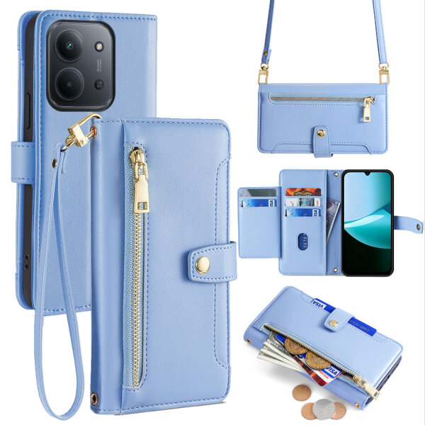 Handykette für Xiaomi Redmi 15C Hülle mit Band Handyhülle Kartenfächer PU Leder Umhängetasche Hellblau