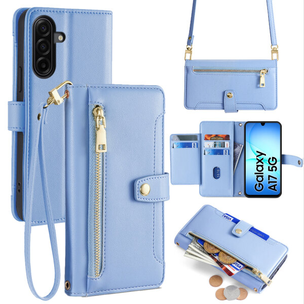 Handykette für Samsung Galaxy A17 Hülle mit Band Handyhülle Kartenfächer PU Leder Umhängetasche in Hellblau