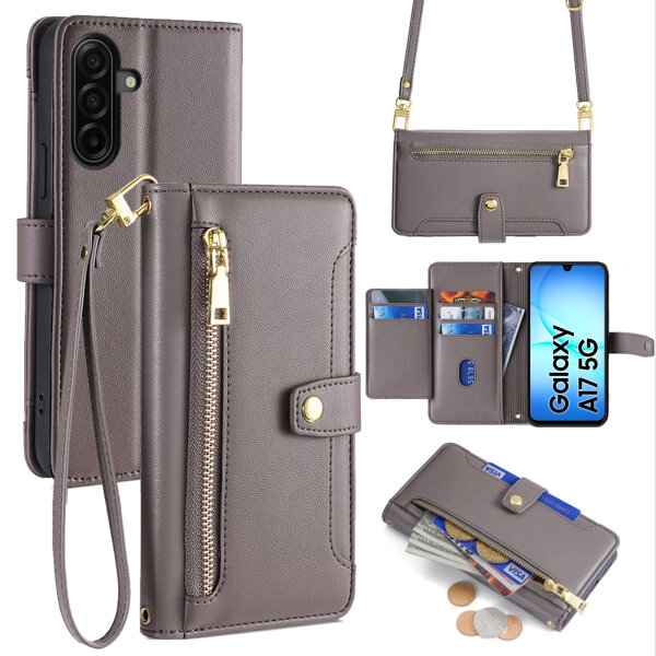 Handykette für Samsung Galaxy A17 Hülle mit Band Handyhülle Kartenfächer PU Leder Umhängetasche in Grau