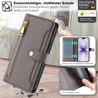 Handykette für iPhone 17 Hülle mit Band Handyhülle Kartenfächer PU Leder Umhängetasche in Grau