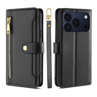 Handykette für iPhone 17 Pro Max Hülle mit Band Handyhülle Kartenfächer PU Leder Umhängetasche in Schwarz