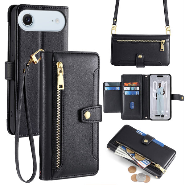 Handykette für iPhone Air Hülle mit Band Handyhülle Kartenfächer PU Leder Umhängetasche in Schwarz