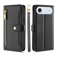 Handykette für iPhone Air Hülle mit Band Handyhülle Kartenfächer PU Leder Umhängetasche in Schwarz