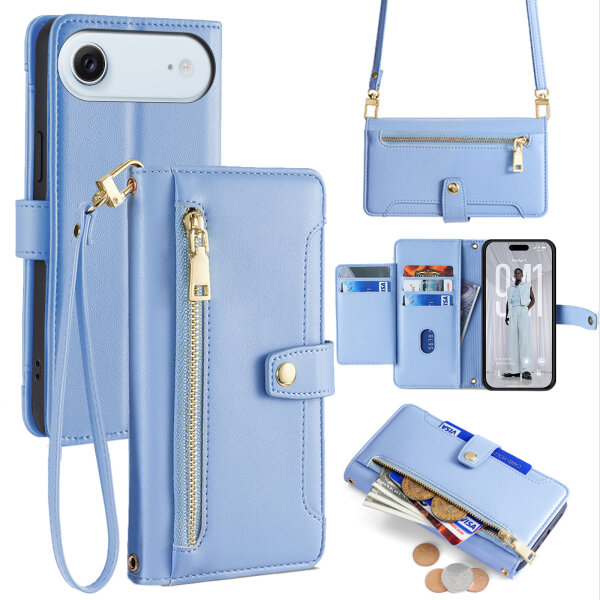 Handykette für iPhone Air Hülle mit Band Handyhülle Kartenfächer PU Leder Umhängetasche in Hellblau