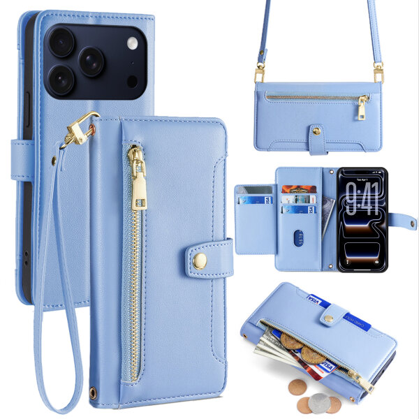 Handykette für iPhone 17 Pro Hülle mit Band Handyhülle Kartenfächer PU Leder Umhängetasche in Hellblau