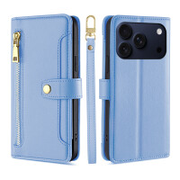 Handykette für iPhone 17 Pro Hülle mit Band Handyhülle Kartenfächer PU Leder Umhängetasche in Hellblau