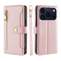 Handykette für iPhone 17 Pro Hülle mit Band Handyhülle Kartenfächer PU Leder Umhängetasche in Rosa