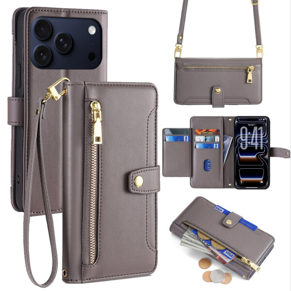 Handykette für iPhone 17 Pro Max Hülle mit Band Handyhülle Kartenfächer PU Leder Umhängetasche in Grau