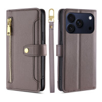 Handykette für iPhone 17 Pro Max Hülle mit Band Handyhülle Kartenfächer PU Leder Umhängetasche in Grau