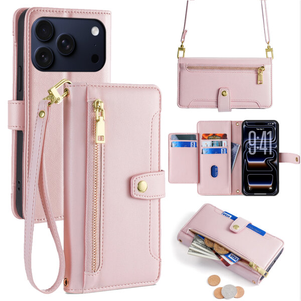 Handykette für iPhone 17 Pro Max Hülle mit Band Handyhülle Kartenfächer PU Leder Umhängetasche in Rosa
