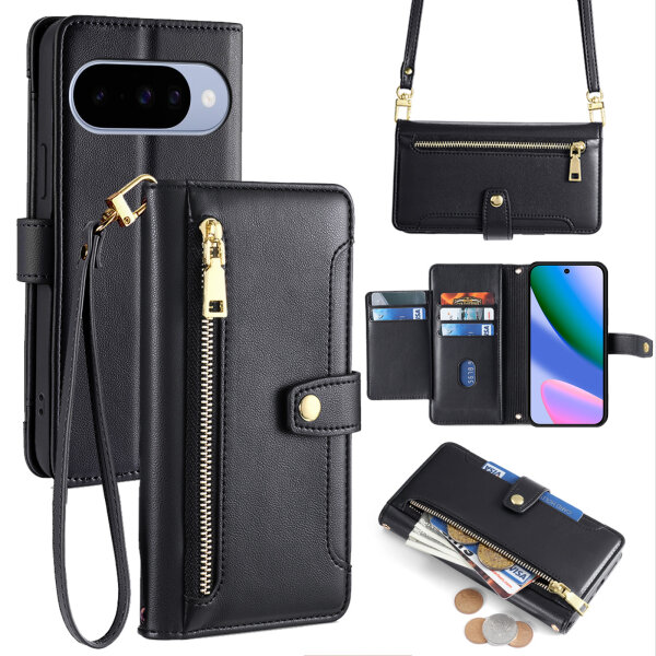 Handykette Google Pixel 10 / 10 Pro Hülle mit Band Handyhülle Kartenfächer PU Leder Umhängetasche in Schwarz