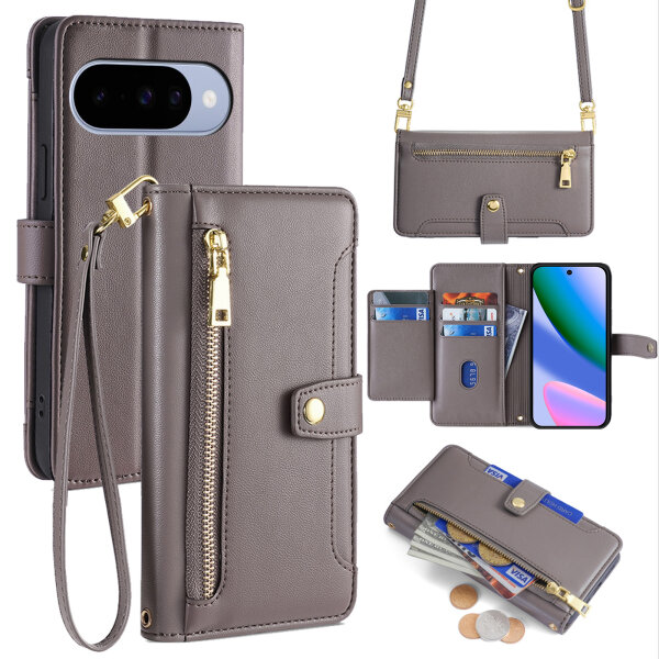 Handykette Google Pixel 10 / 10 Pro Hülle mit Band Handyhülle Kartenfächer PU Leder Umhängetasche in Grau