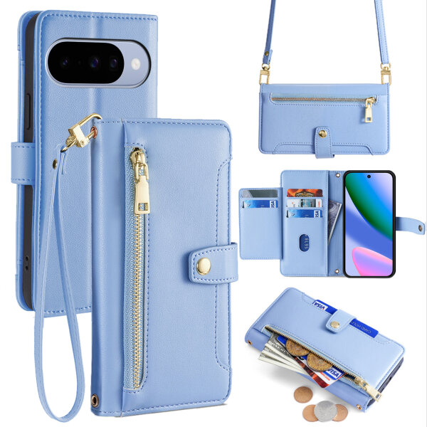 Handykette Google Pixel 10 / 10 Pro Hülle mit Band Handyhülle Kartenfächer PU Leder Umhängetasche in Hellblau