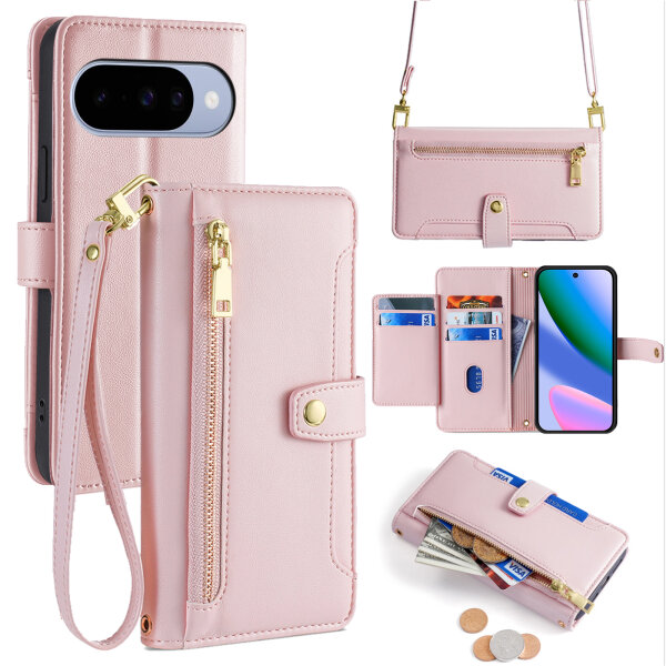 Handykette Google Pixel 10 / 10 Pro Hülle mit Band Handyhülle Kartenfächer PU Leder Umhängetasche in Rosa