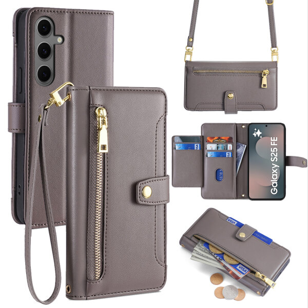 Handykette für Samsung Galaxy S25 FE Hülle mit Band Handyhülle Kartenfächer PU Leder Umhängetasche in Grau