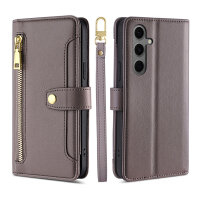 Handykette für Samsung Galaxy S25 FE Hülle mit Band Handyhülle Kartenfächer PU Leder Umhängetasche in Grau