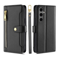 Handykette für Samsung Galaxy S25 FE Hülle mit Band Handyhülle Kartenfächer PU Leder Umhängetasche in Schwarz