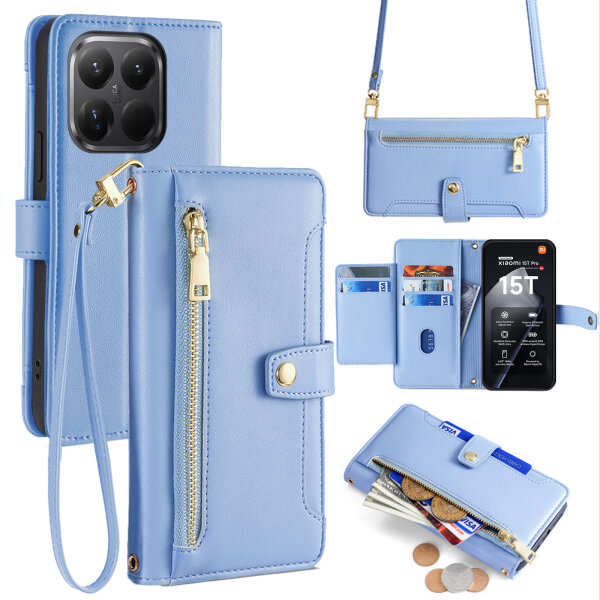 Handykette für Xiaomi 15T Pro Hülle mit Band Handyhülle Kartenfächer PU Leder Umhängetasche in Hellblau