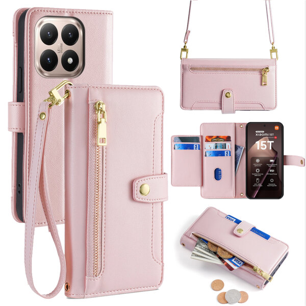 Handykette für Xiaomi 15T Hülle mit Band Handyhülle Kartenfächer PU Leder Umhängetasche in Rosa