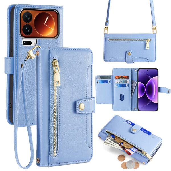 Handykette für Xiaomi 17 Pro Max Hülle mit Band Handyhülle Kartenfächer PU Leder Umhängetasche in Hellblau