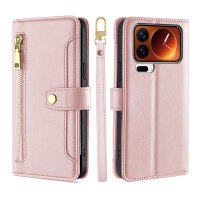 Handykette für Xiaomi 17 Pro Max Hülle mit Band Handyhülle Kartenfächer PU Leder Umhängetasche in Rosa
