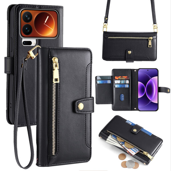 Handykette für Xiaomi 17 Pro Hülle mit Band Handyhülle Kartenfächer PU Leder Umhängetasche in Schwarz