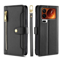 Handykette für Xiaomi 17 Pro Hülle mit Band Handyhülle Kartenfächer PU Leder Umhängetasche in Schwarz