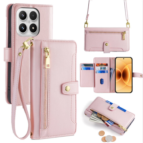 Handykette für Xiaomi 17 Hülle mit Band Handyhülle Kartenfächer PU Leder Umhängetasche in Rosa