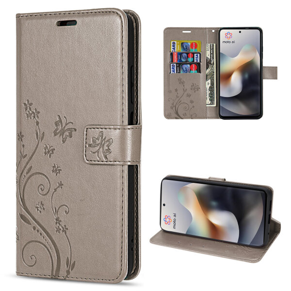Hülle Motorola Moto G56 Handyhülle mit [Standfunktion][Kartenfächern] in Grau