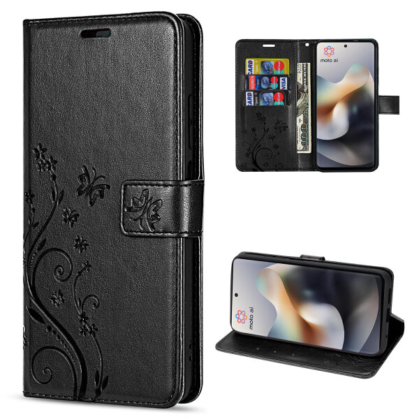 Hülle Motorola Moto G56 Handyhülle mit [Standfunktion][Kartenfächern] in Schwarz