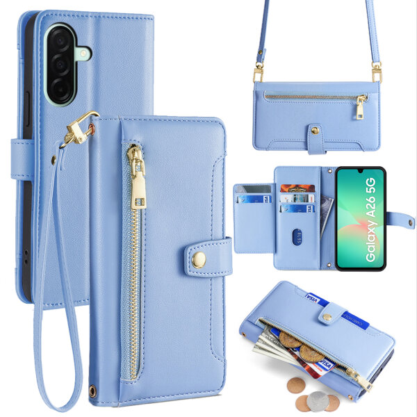 Handykette für Samsung Galaxy A26 Hülle mit Band Handyhülle Kartenfächer PU Leder Umhängetasche in Hellblau