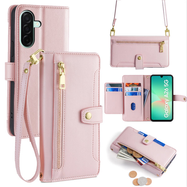 Handykette für Samsung Galaxy A26 Hülle mit Band Handyhülle Kartenfächer PU Leder Umhängetasche in Rosa