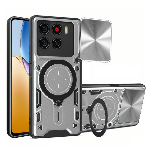 Outdoor Panzer Hülle für ZTE Blade A56 Handyhülle mit Slide Kameraschutz Ringhalter Bumper in Silber