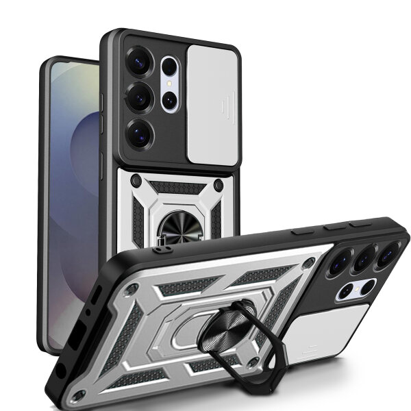 Outdoor Panzer Hülle für Samsung Galaxy S26 Ultra mit Kameraschutz Ringhalter Silber