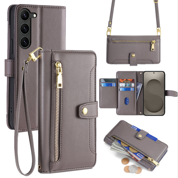 Handykette Samsung Galaxy S26 Hülle mit Band Handyhülle Kartenfächer PU Leder Umhängetasche in Grau