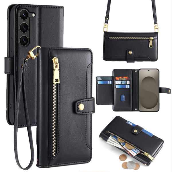 Handykette Samsung Galaxy S26+ Hülle mit Band Handyhülle Kartenfächer PU Leder Umhängetasche in Schwarz