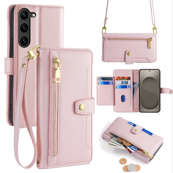 Handykette Samsung Galaxy S26+ Hülle mit Band Handyhülle Kartenfächer PU Leder Umhängetasche in Rosa