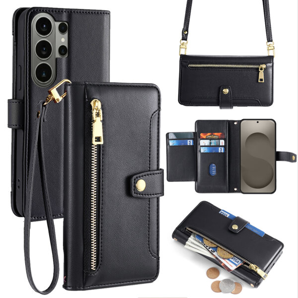Handykette Samsung Galaxy S26 Ultra Hülle mit Band Handyhülle Kartenfächer PU Leder Umhängetasche in Schwarz