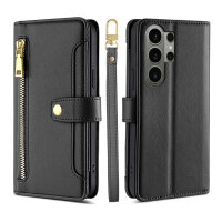 Handykette Samsung Galaxy S26 Ultra Hülle mit Band Handyhülle Kartenfächer PU Leder Umhängetasche in Schwarz