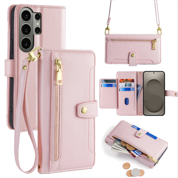 Handykette Samsung Galaxy S26 Ultra Hülle mit Band Handyhülle Kartenfächer PU Leder Umhängetasche in Rosa