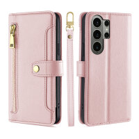 Handykette Samsung Galaxy S26 Ultra Hülle mit Band Handyhülle Kartenfächer PU Leder Umhängetasche in Rosa