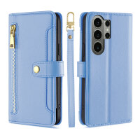 Handykette Samsung Galaxy S26 Ultra Hülle mit Band Handyhülle Kartenfächer PU Leder Umhängetasche in Hellblau
